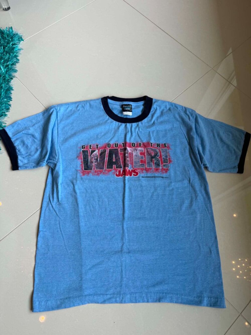 Mens 80s Vintage Thunder Creek Jaws Ringer Tee T-Shirt Size Large L